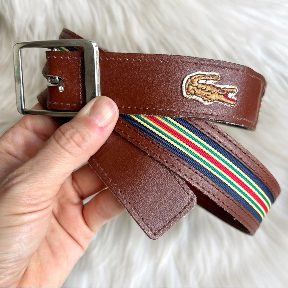 Lacoste Vintage Brown Leather Striped Belt Silver Buckle 1980s 37-38.5 Unisex